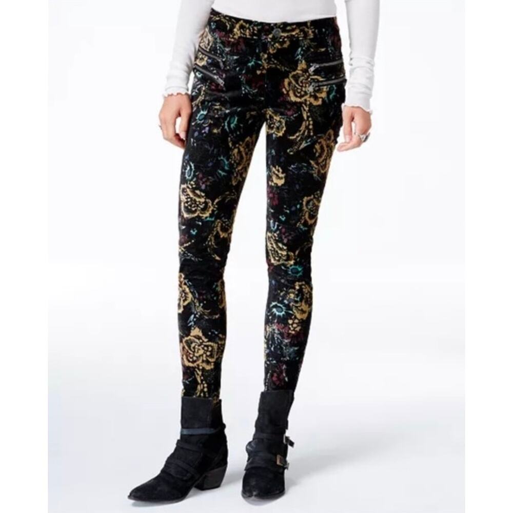 NWT Free People Size 0 Floral Skinny Velvet Velour Pants